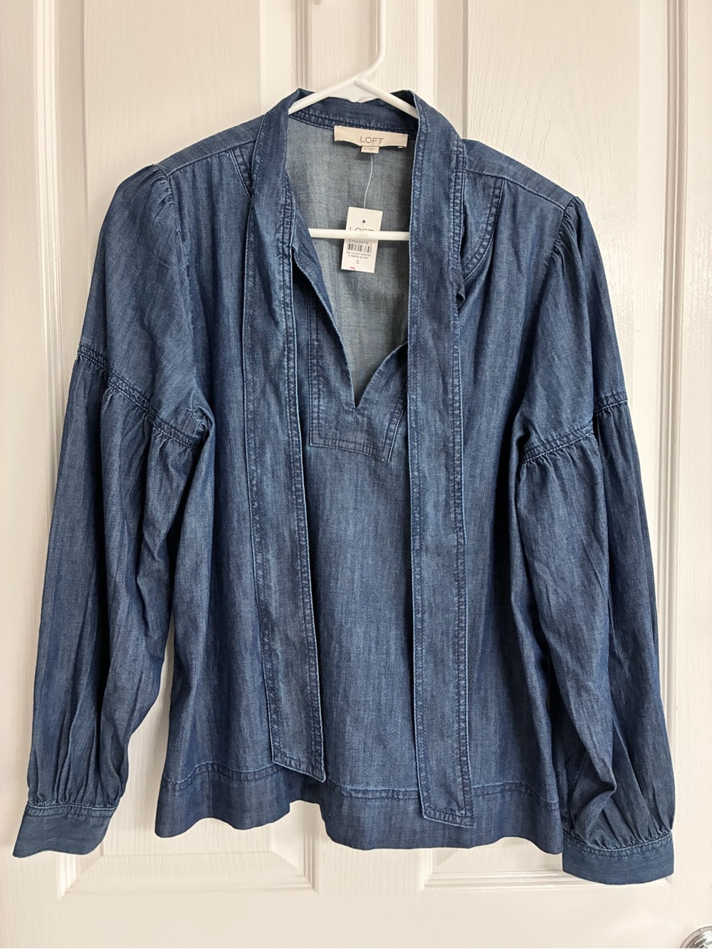 LOFT Denim Tie-Neck Peasant Top in Blue
